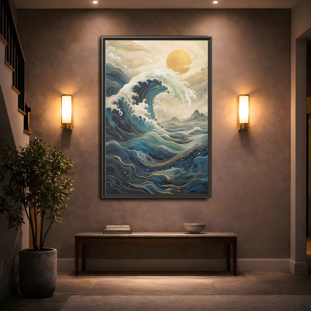 Mockup 2. Nature Ocean Wave Blue Gold Wave shown as stretched canvas wall art