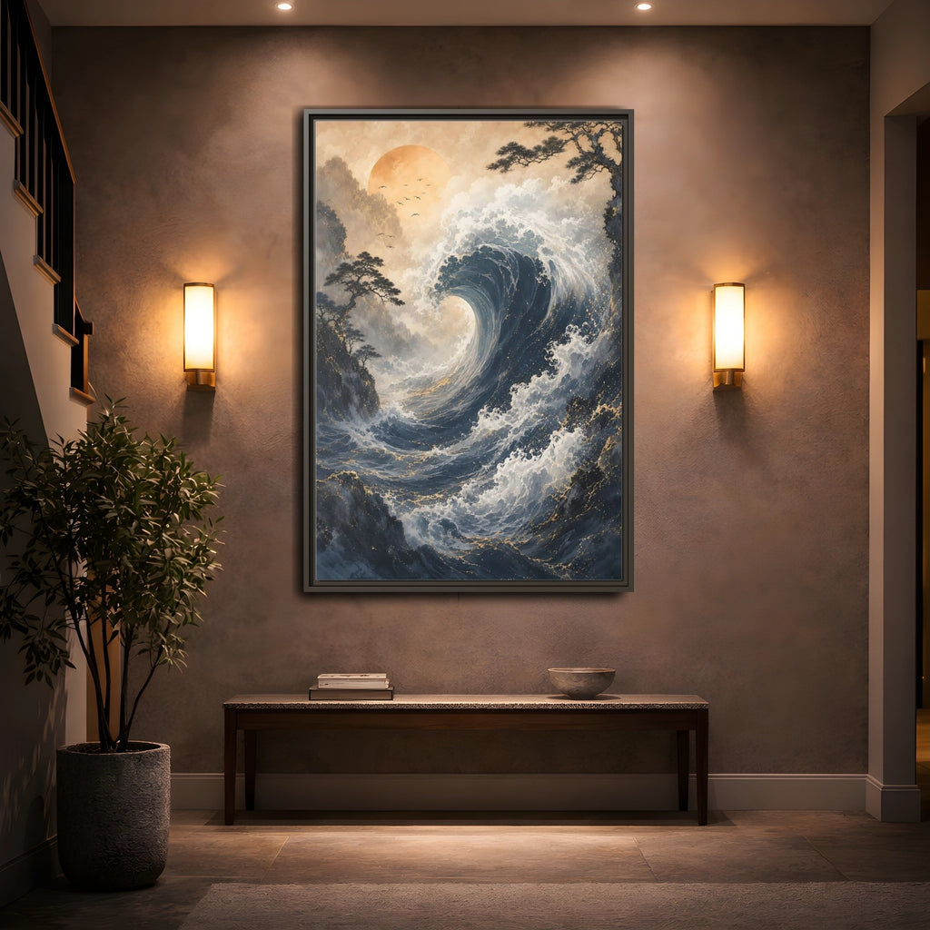 Mockup 2. Nature Ocean Wave Blue Gold Wave shown as stretched canvas wall art