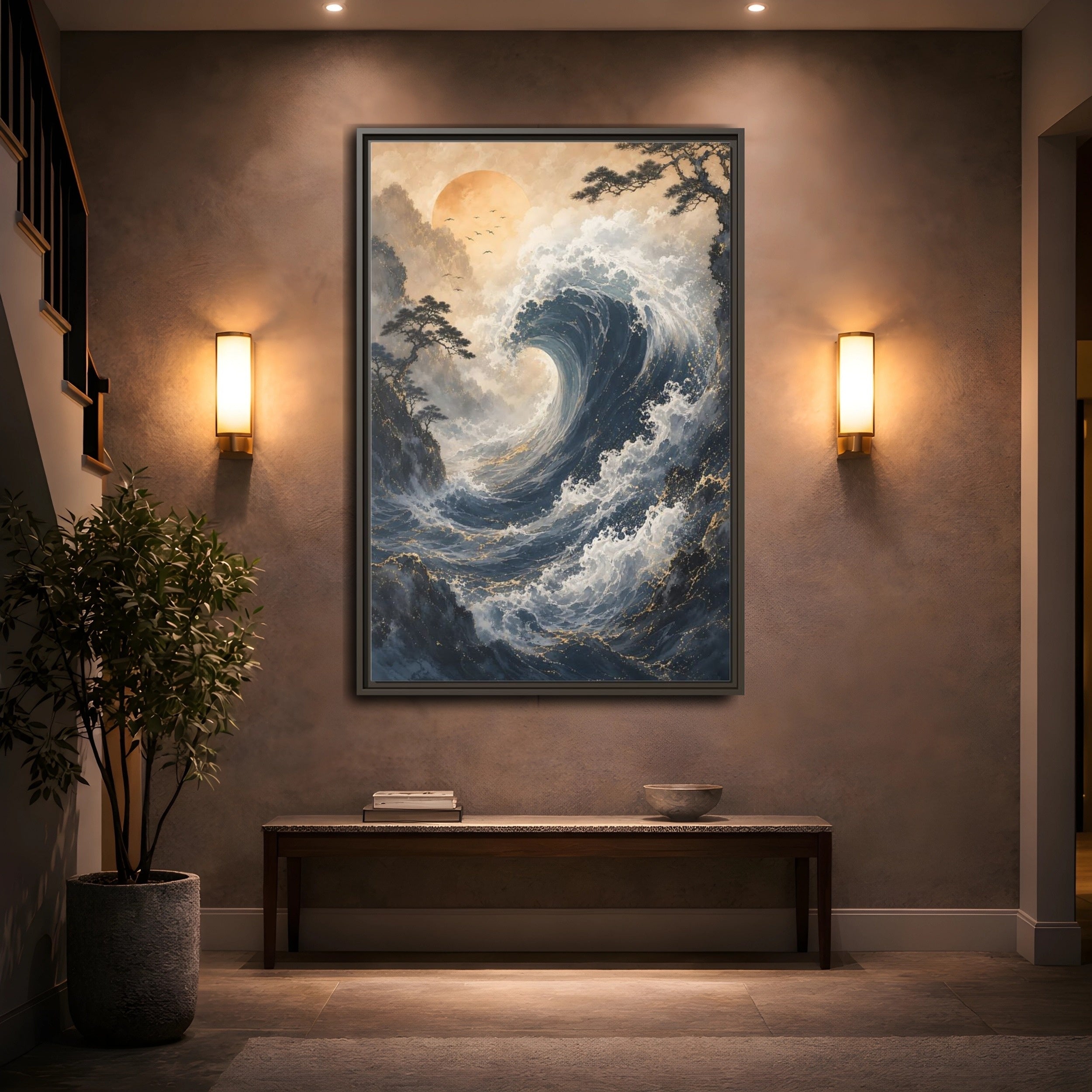 Mockup 2. Nature Ocean Wave Blue Gold Wave shown as stretched canvas wall art