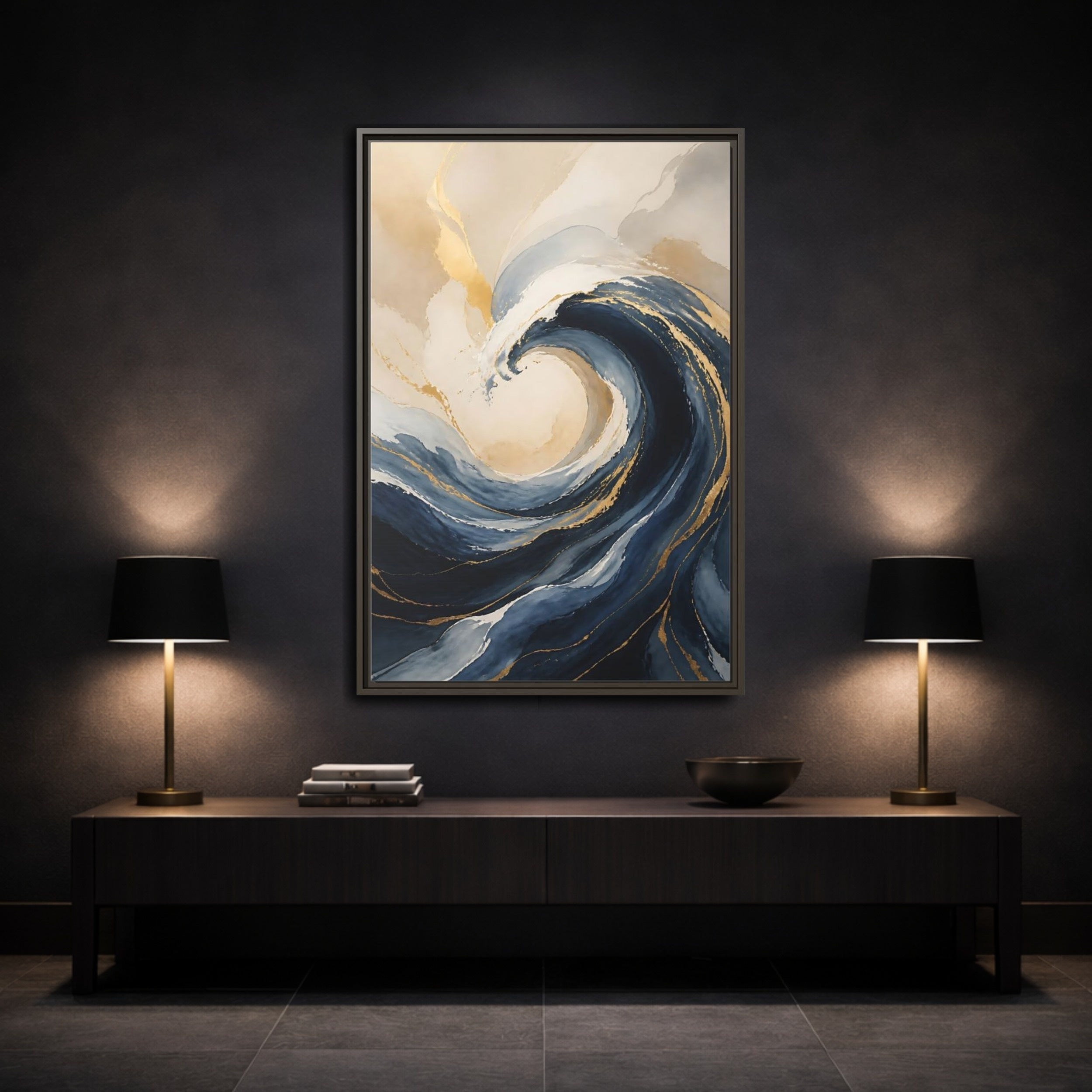 Mockup 3. Nature Ocean Wave Blue Gold Wave shown as stretched canvas wall art