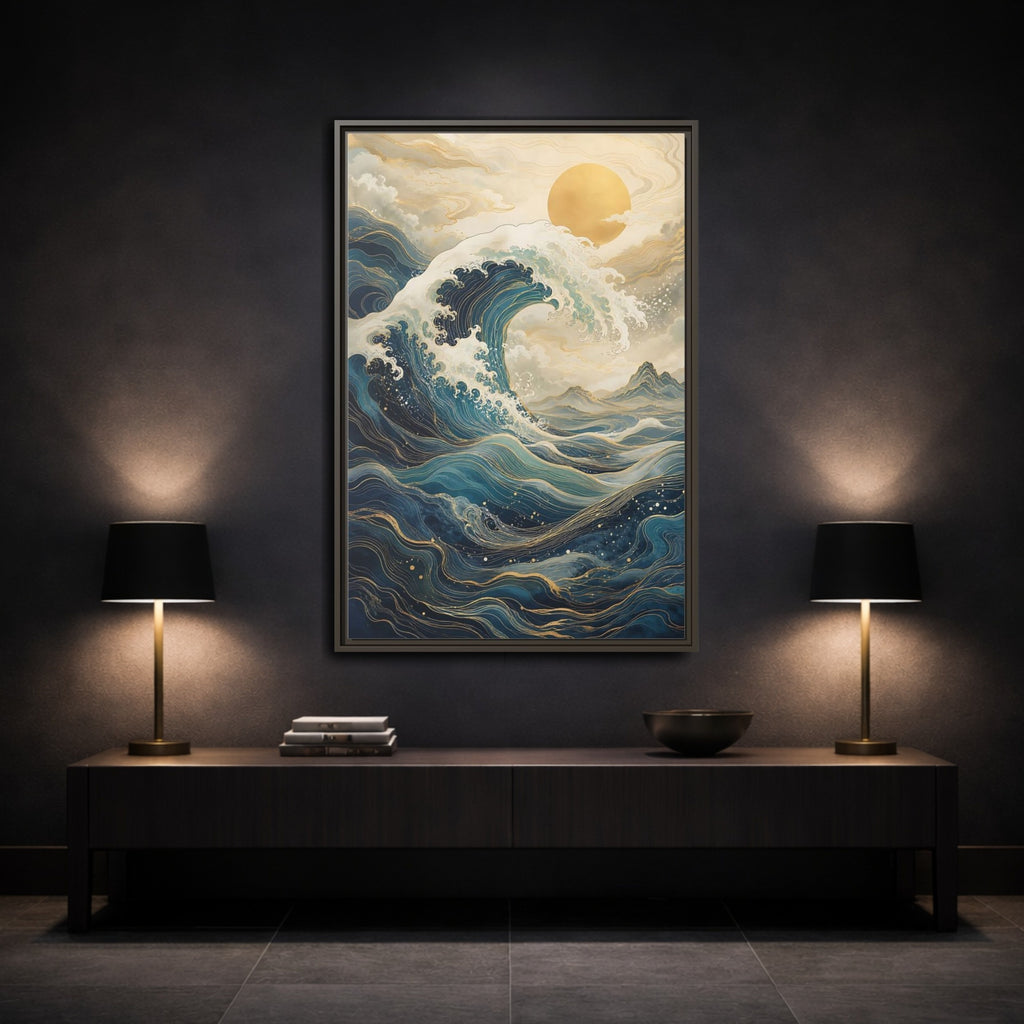 Mockup 3. Nature Ocean Wave Blue Gold Wave shown as stretched canvas wall art
