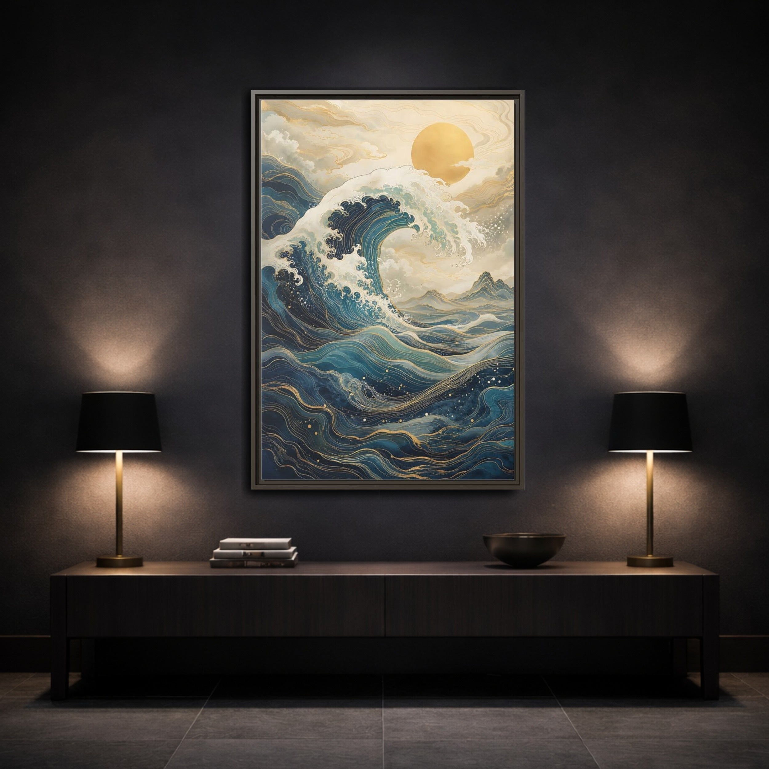 Mockup 3. Nature Ocean Wave Blue Gold Wave shown as stretched canvas wall art