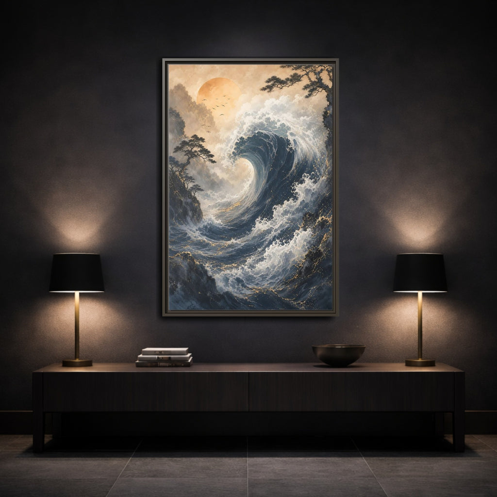 Mockup 3. Nature Ocean Wave Blue Gold Wave shown as stretched canvas wall art