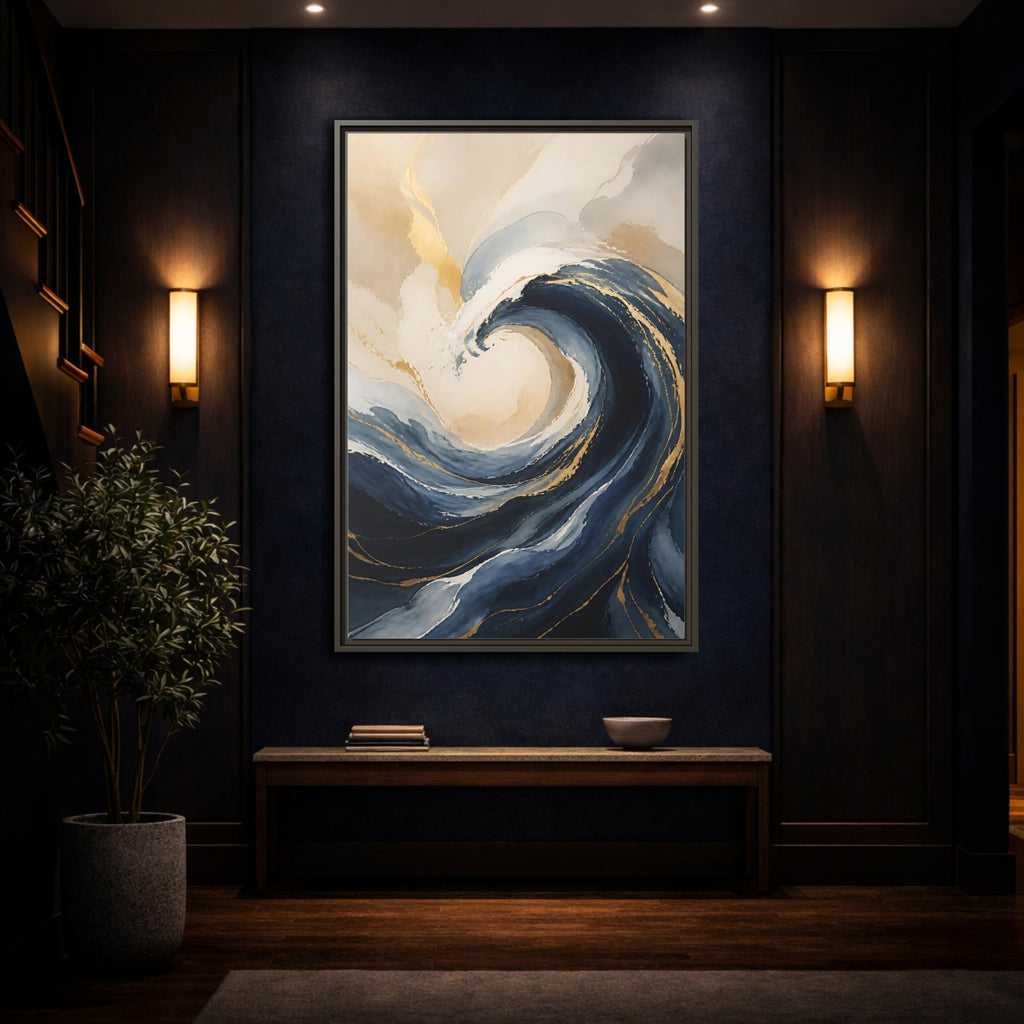 Mockup 4. Nature Ocean Wave Blue Gold Wave shown as stretched canvas wall art
