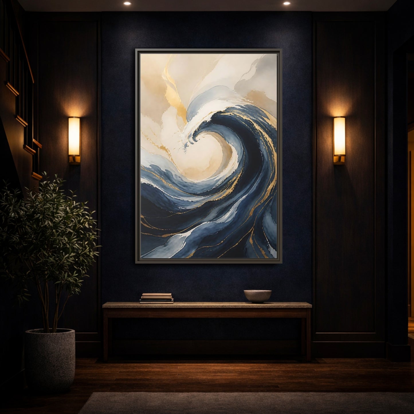 Mockup 4. Nature Ocean Wave Blue Gold Wave shown as stretched canvas wall art