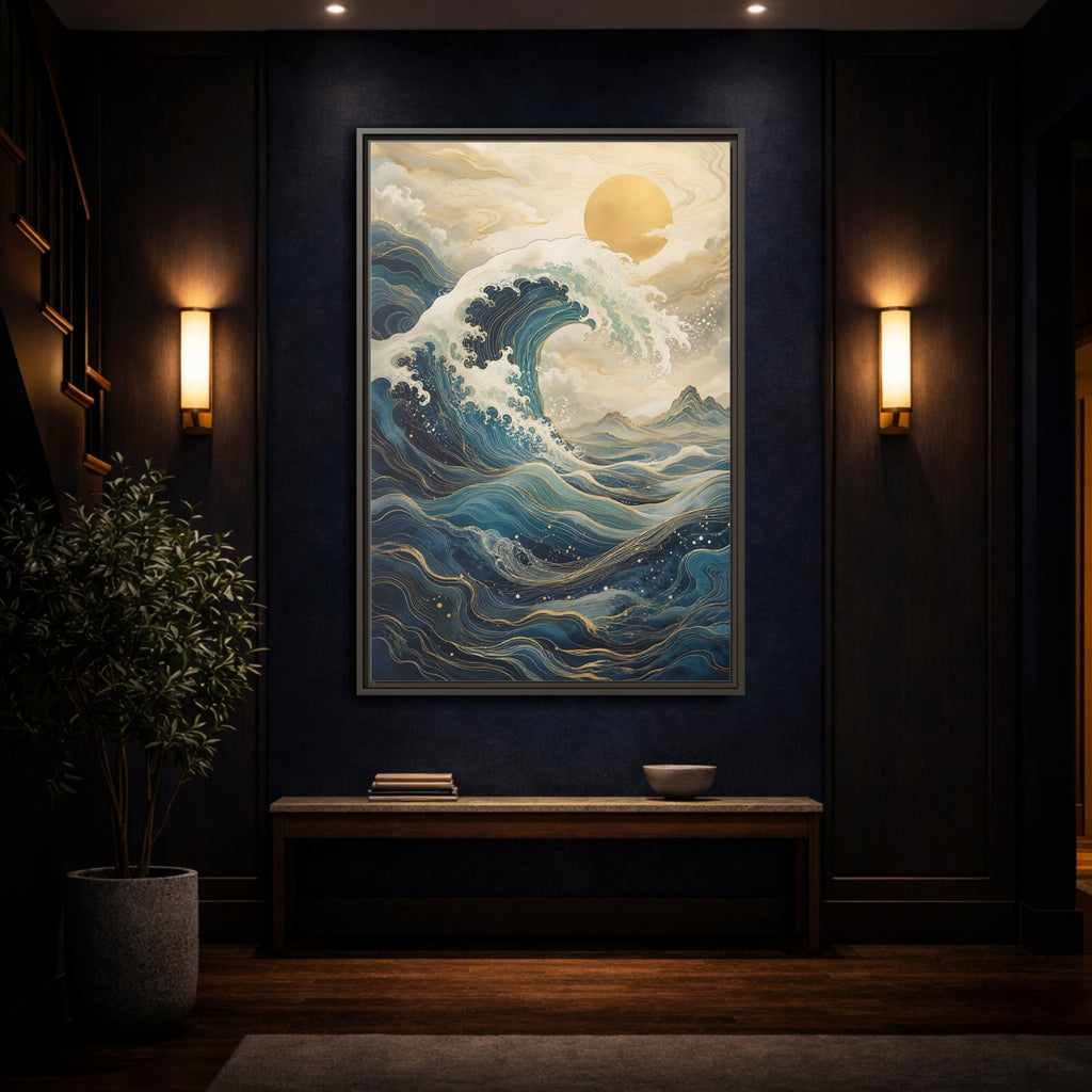 Mockup 4. Nature Ocean Wave Blue Gold Wave shown as stretched canvas wall art