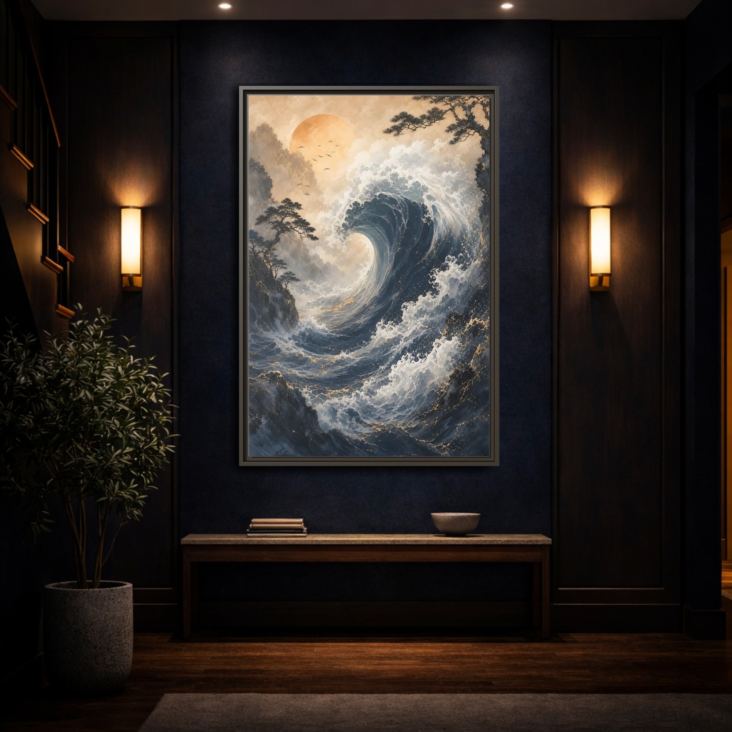 Mockup 4. Nature Ocean Wave Blue Gold Wave shown as stretched canvas wall art