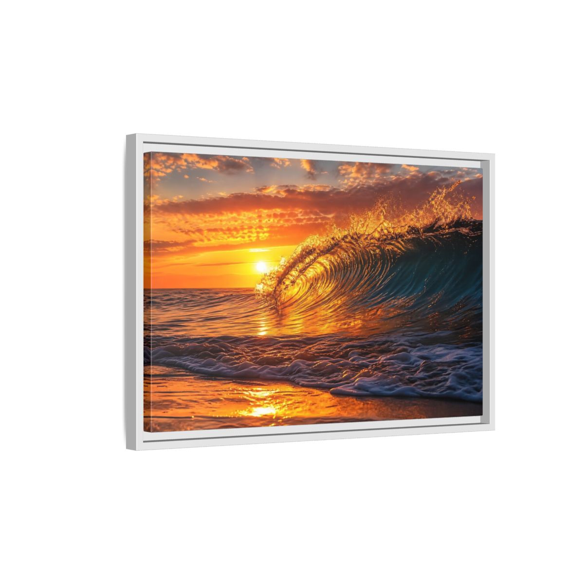 Side Mockup 1. Nature Ocean Wave Golden Ocean Wave shown as framed canvas print