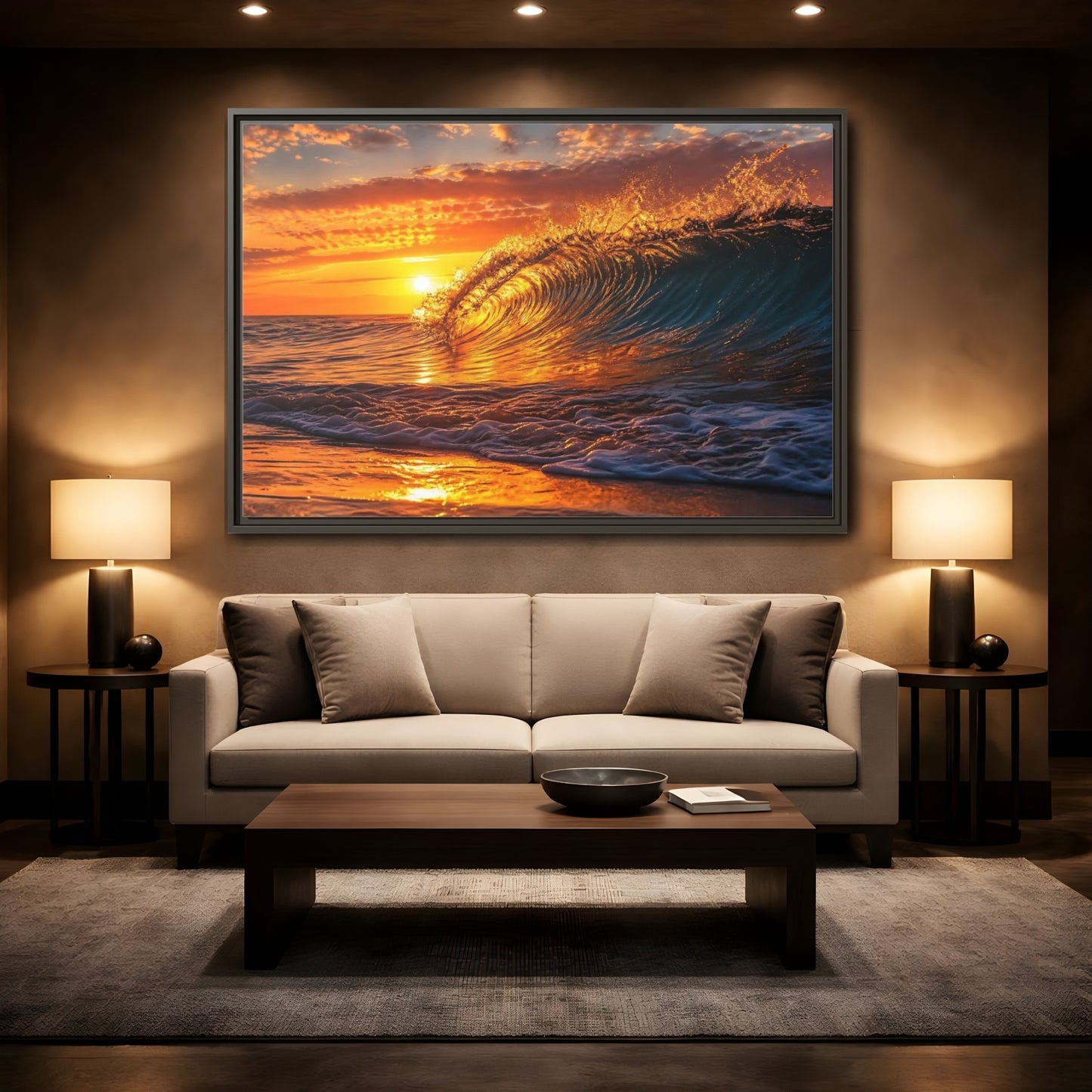 Mockup 2. Nature Ocean Wave Golden Ocean Wave shown as framed canvas print