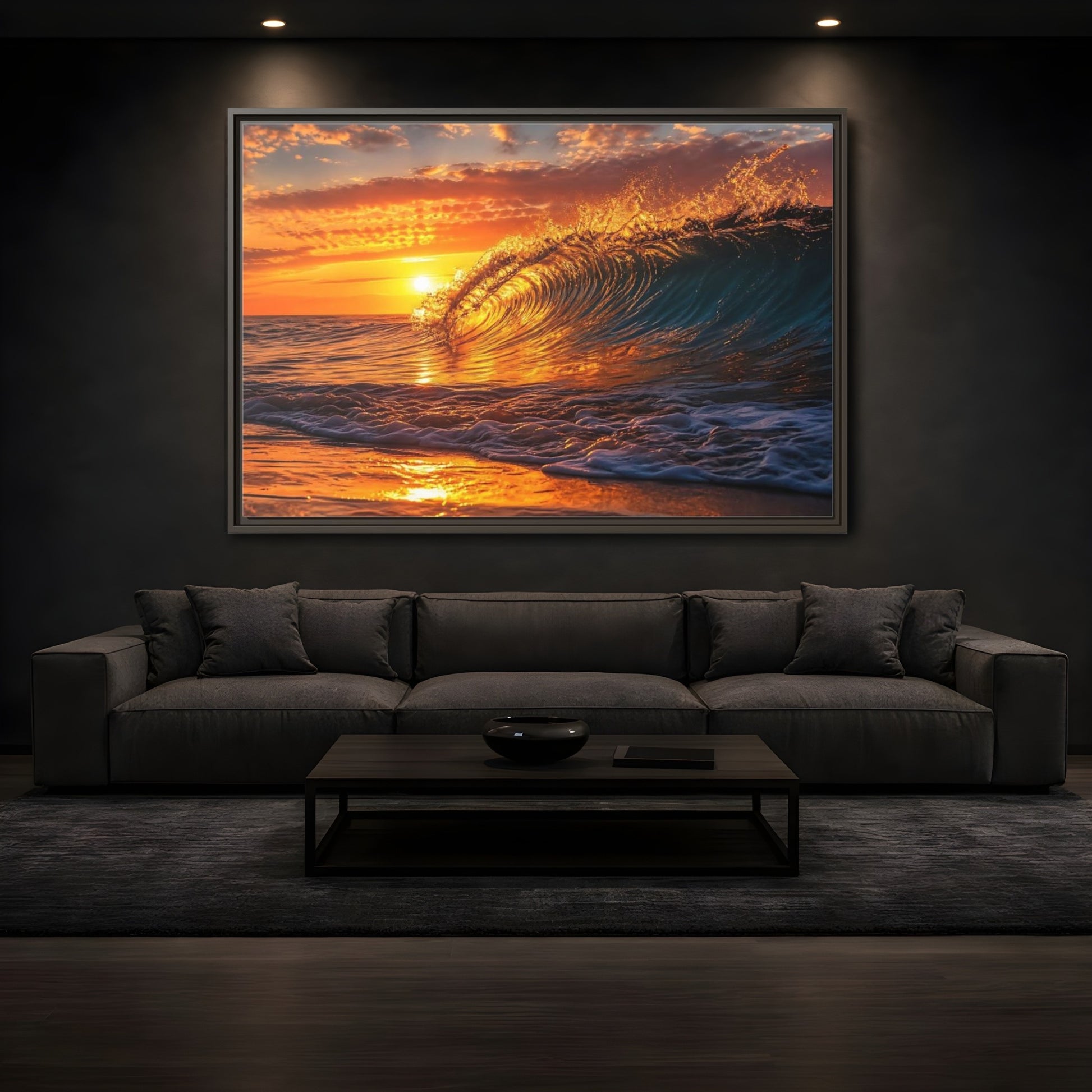 Mockup 3. Nature Ocean Wave Golden Ocean Wave shown as framed canvas print