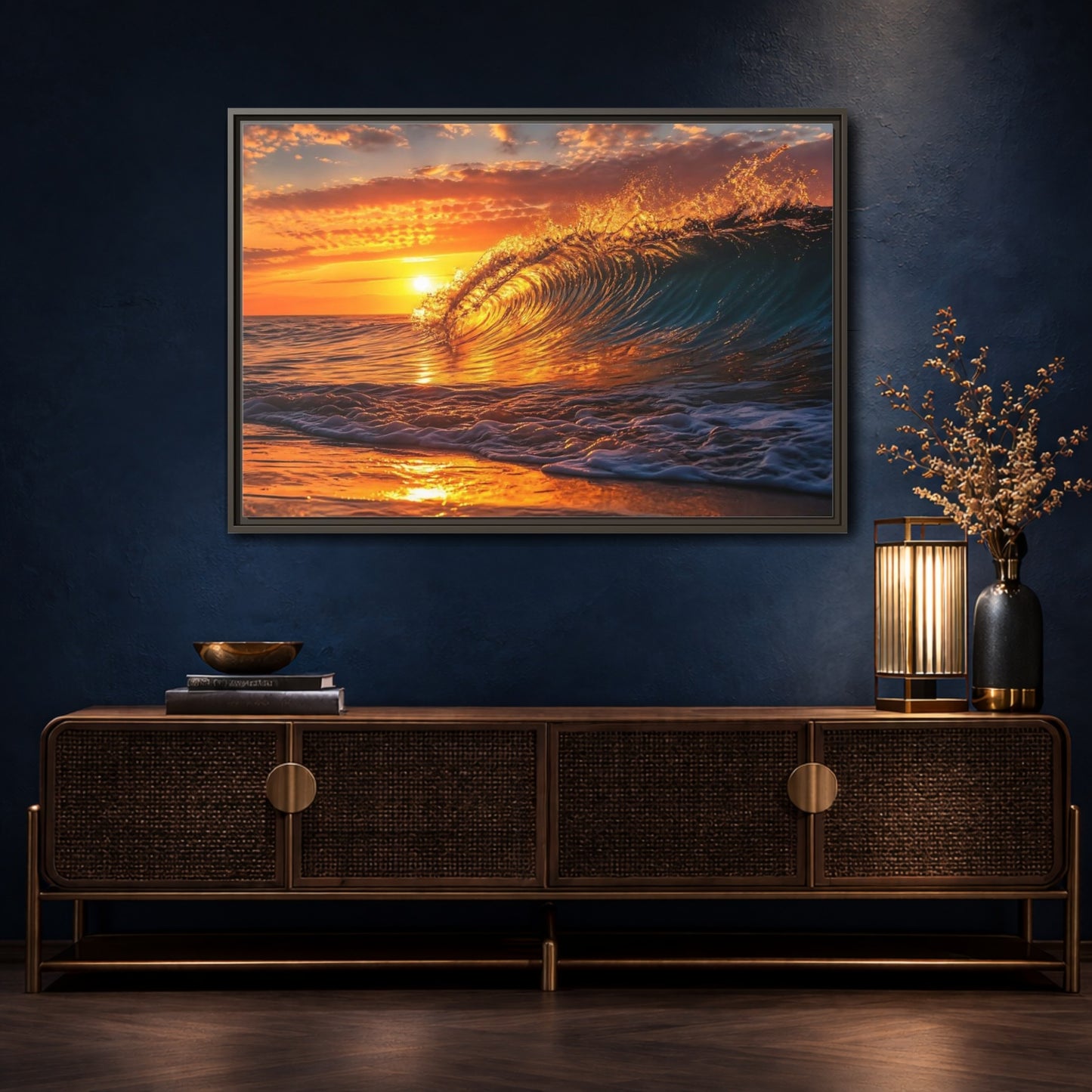 Mockup 4. Nature Ocean Wave Golden Ocean Wave shown as framed canvas print