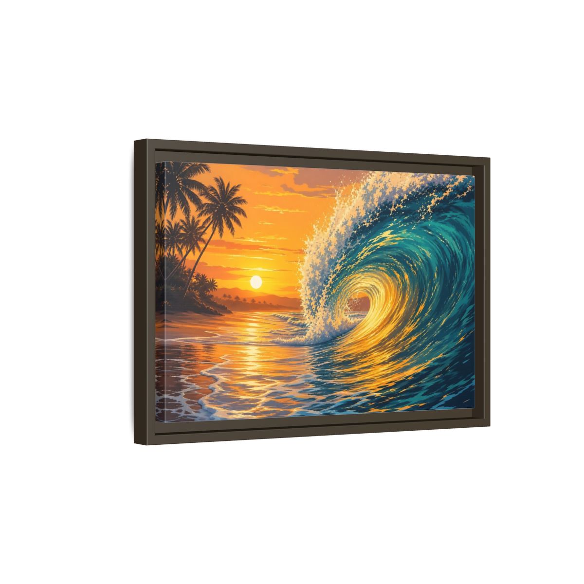 Side Mockup 5. Nature Ocean Wave Orange Blue Wave shown as framed canvas print