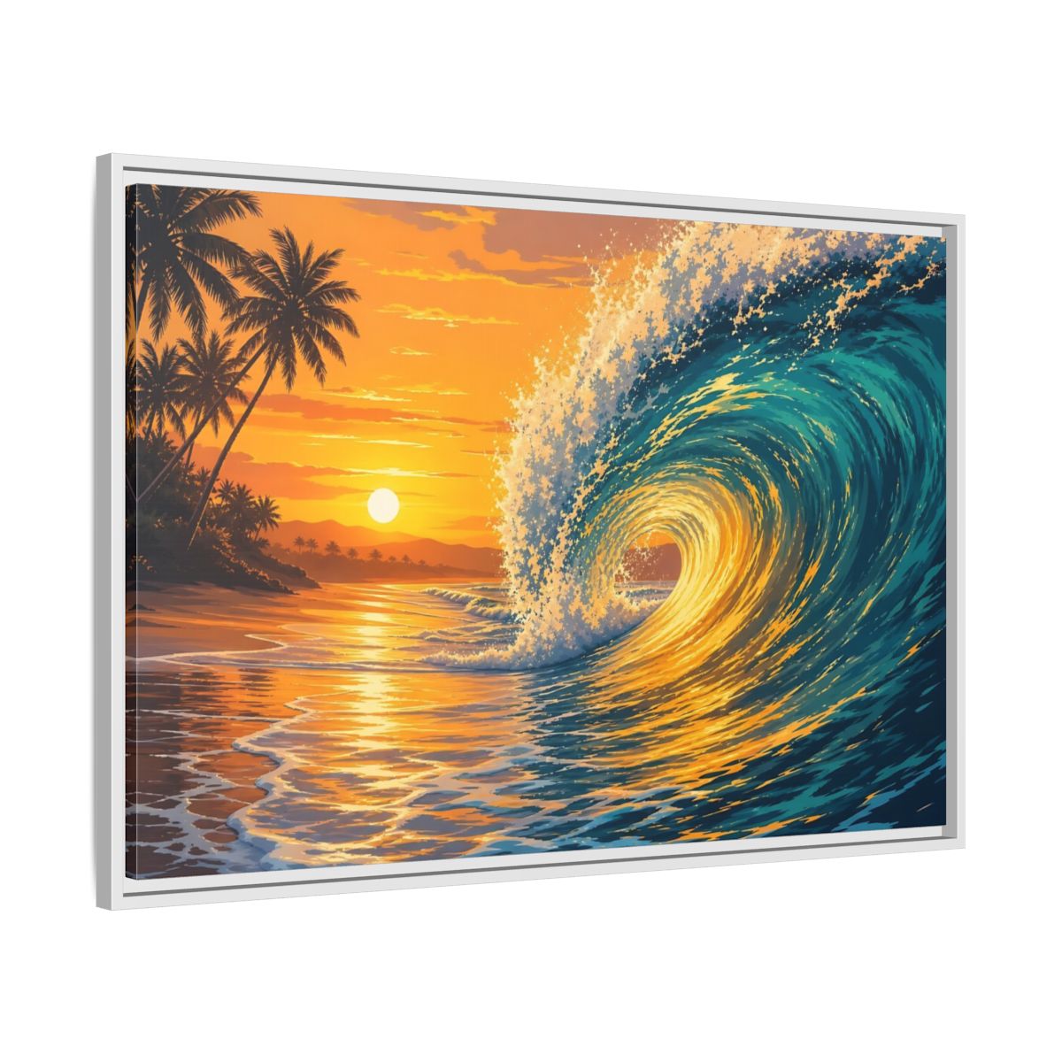 Side Mockup 9. Nature Ocean Wave Orange Blue Wave shown as framed canvas print