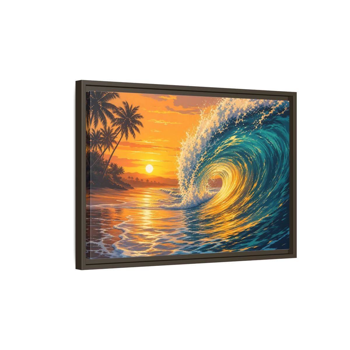 Side Mockup 2. Nature Ocean Wave Orange Blue Wave shown as framed canvas print