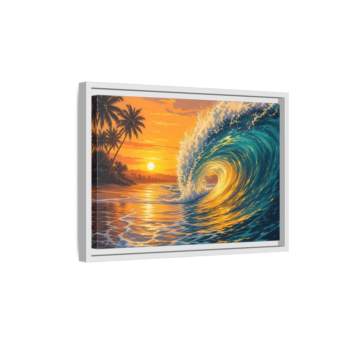Side Mockup 4. Nature Ocean Wave Orange Blue Wave shown as framed canvas print
