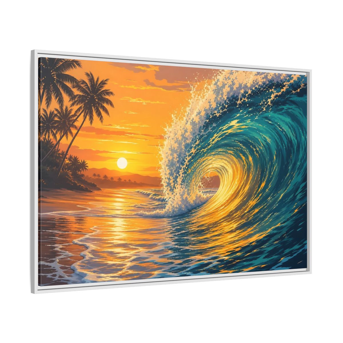 Side Mockup 7. Nature Ocean Wave Orange Blue Wave shown as framed canvas print
