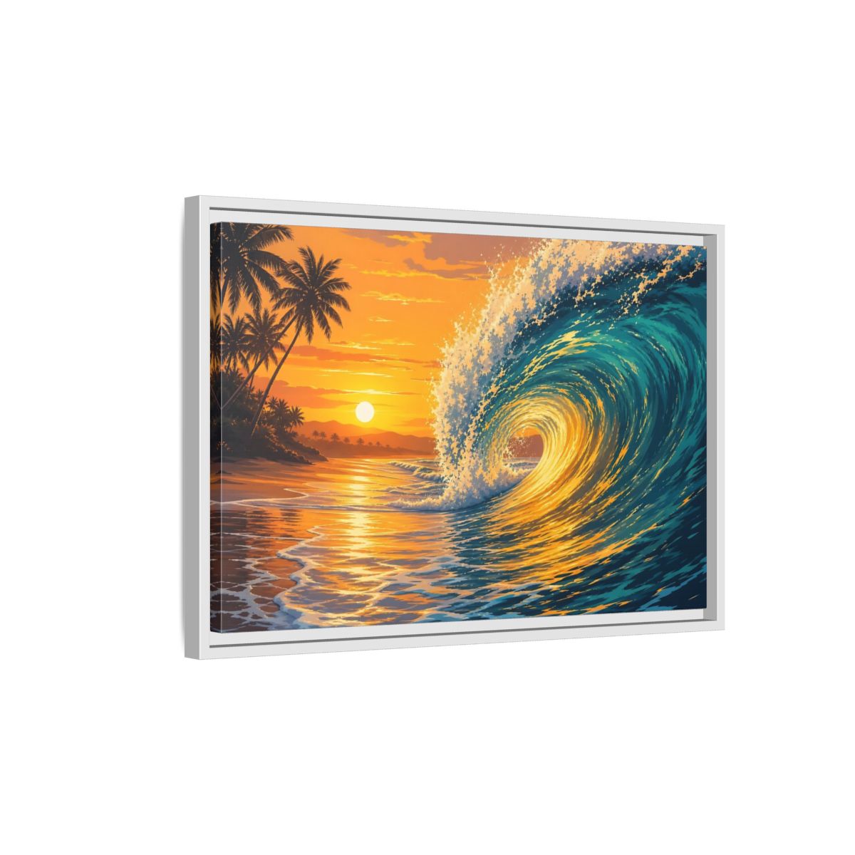 Side Mockup 1. Nature Ocean Wave Orange Blue Wave shown as framed canvas print