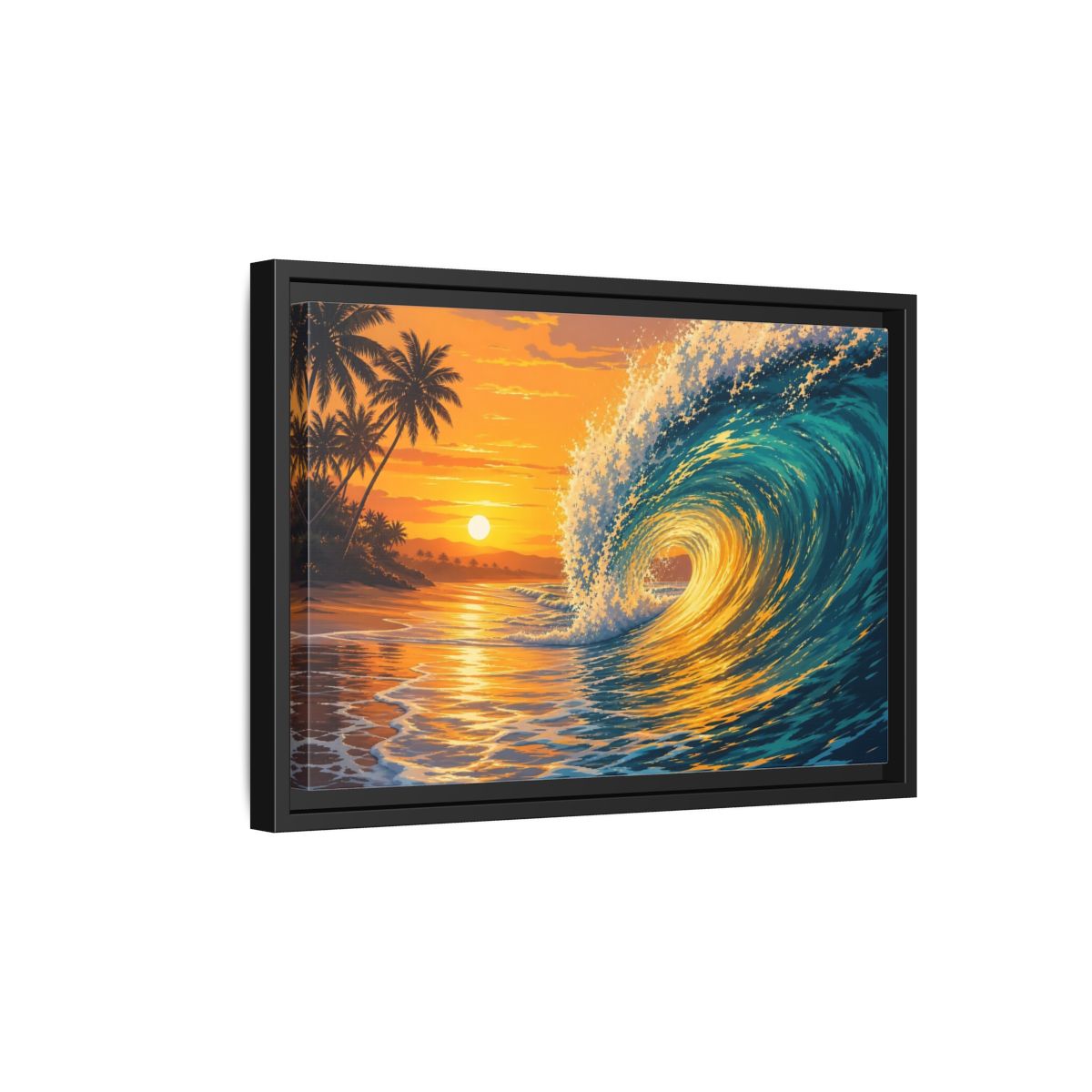 Side Mockup 6. Nature Ocean Wave Orange Blue Wave shown as framed canvas print