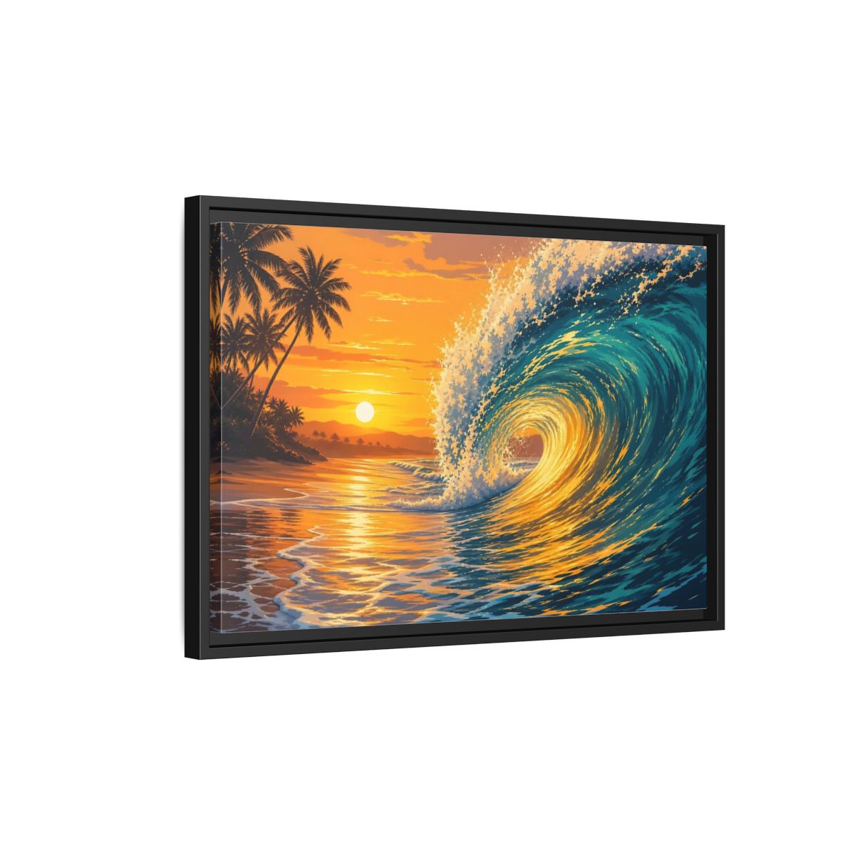 Side Mockup 3. Nature Ocean Wave Orange Blue Wave shown as framed canvas print