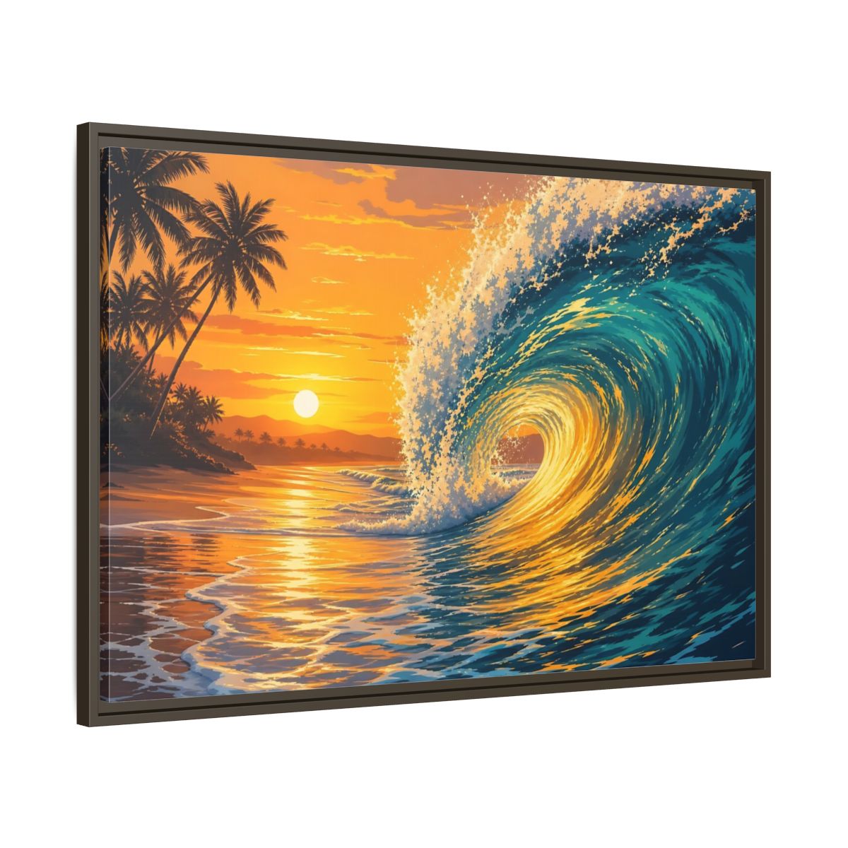 Main Mockup. Nature Ocean Wave Orange Blue Wave shown as framed canvas print