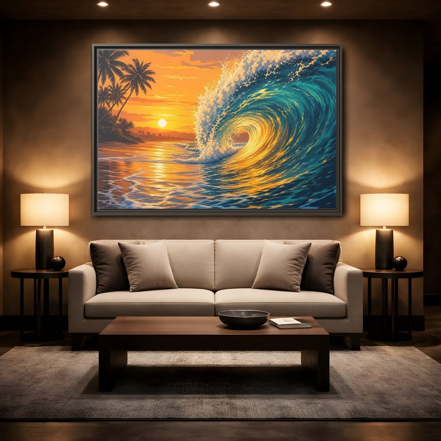 Mockup 2. Nature Ocean Wave Orange Blue Wave shown as framed canvas print