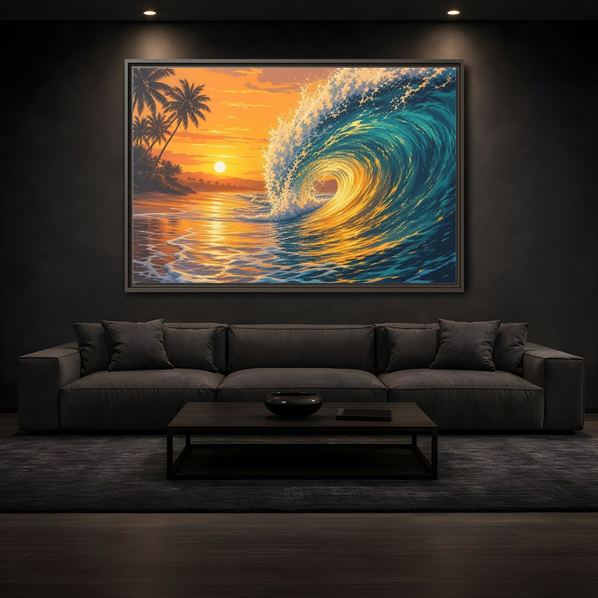 Mockup 3. Nature Ocean Wave Orange Blue Wave shown as framed canvas print