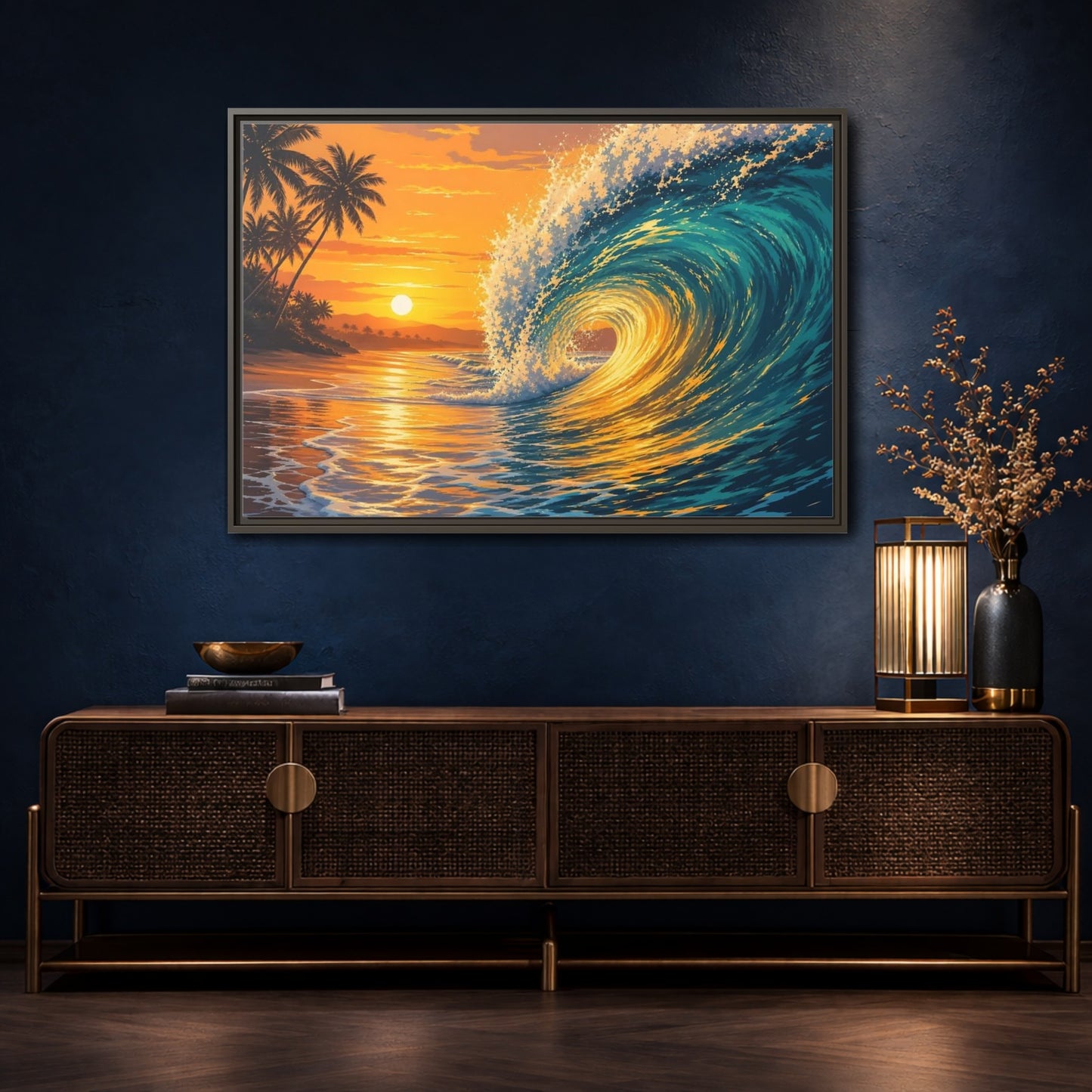 Mockup 4. Nature Ocean Wave Orange Blue Wave shown as framed canvas print