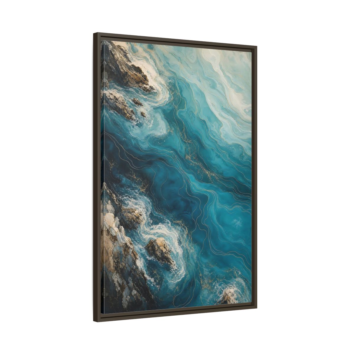 Main Mockup. Nature Ocean Waves Blue And Gold shown as stretched canvas wall art