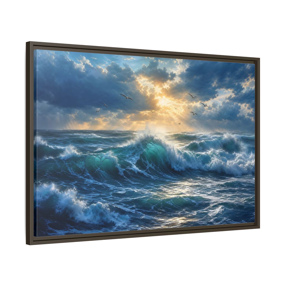 Main Mockup. Nature Ocean Waves Blue And Gold shown as stretched canvas wall art