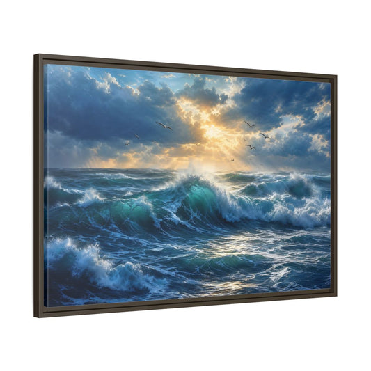 Main Mockup. Nature Ocean Waves Blue And Gold shown as stretched canvas wall art