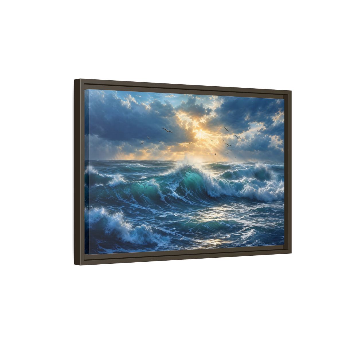 Side Mockup 2. Nature Ocean Waves Blue And Gold shown as stretched canvas wall art