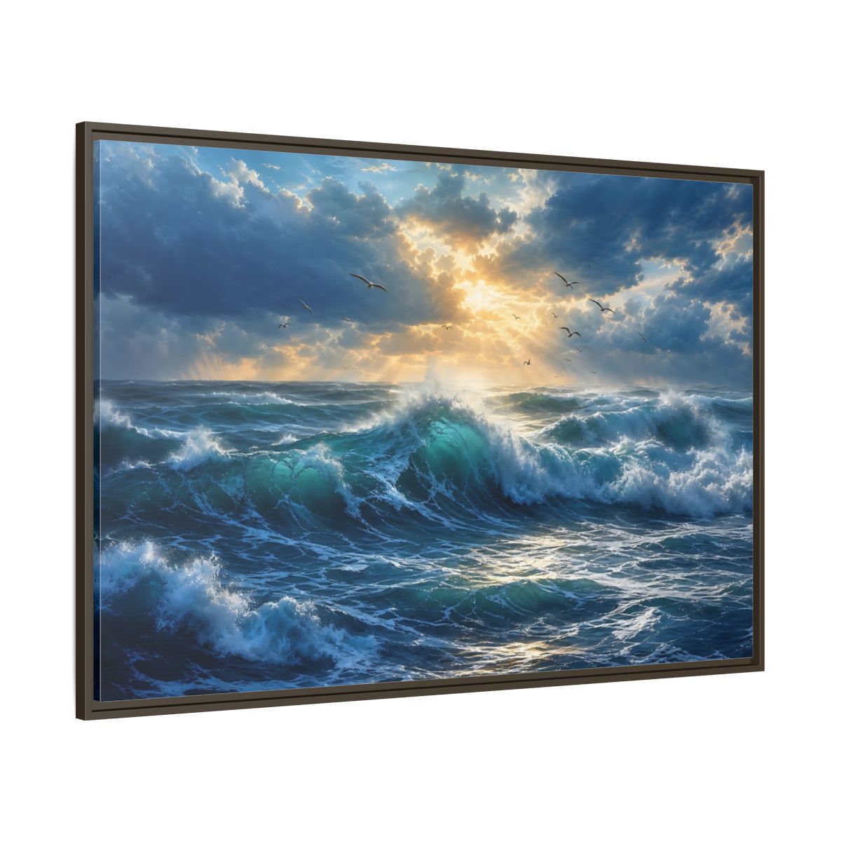 Side Mockup 8. Nature Ocean Waves Blue And Gold shown as stretched canvas wall art