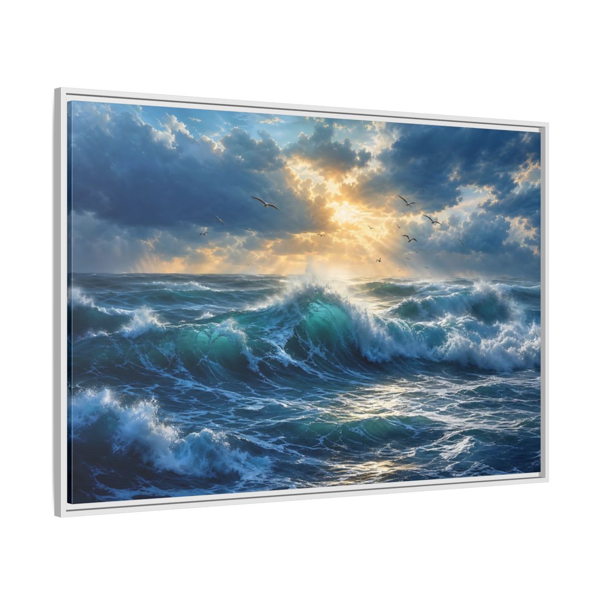 Side Mockup 7. Nature Ocean Waves Blue And Gold shown as stretched canvas wall art