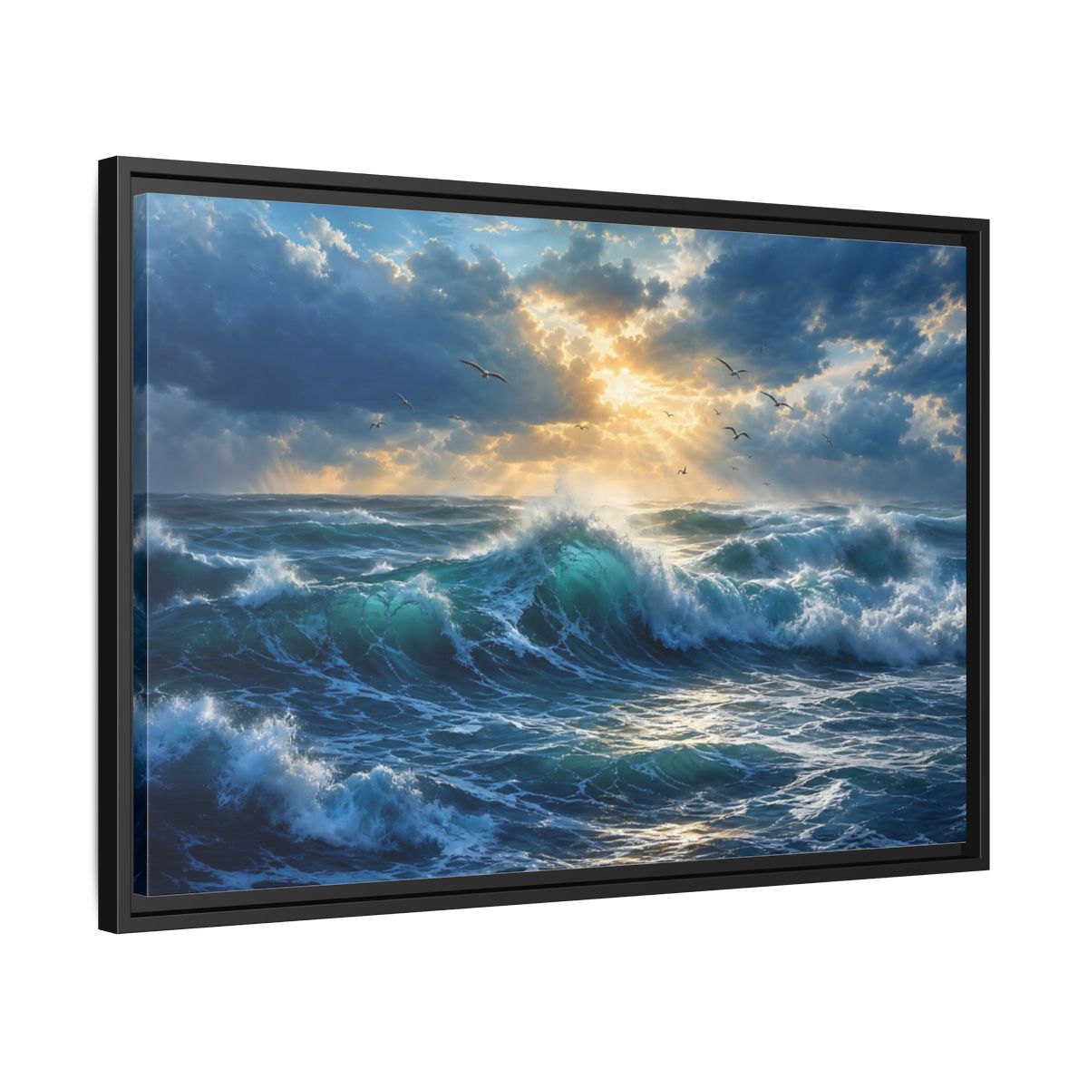Side Mockup 14. Nature Ocean Waves Blue And Gold shown as stretched canvas wall art