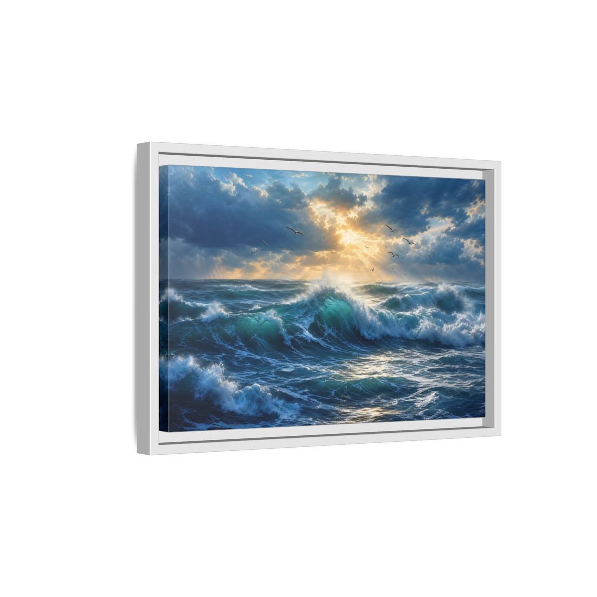 Side Mockup 4. Nature Ocean Waves Blue And Gold shown as stretched canvas wall art
