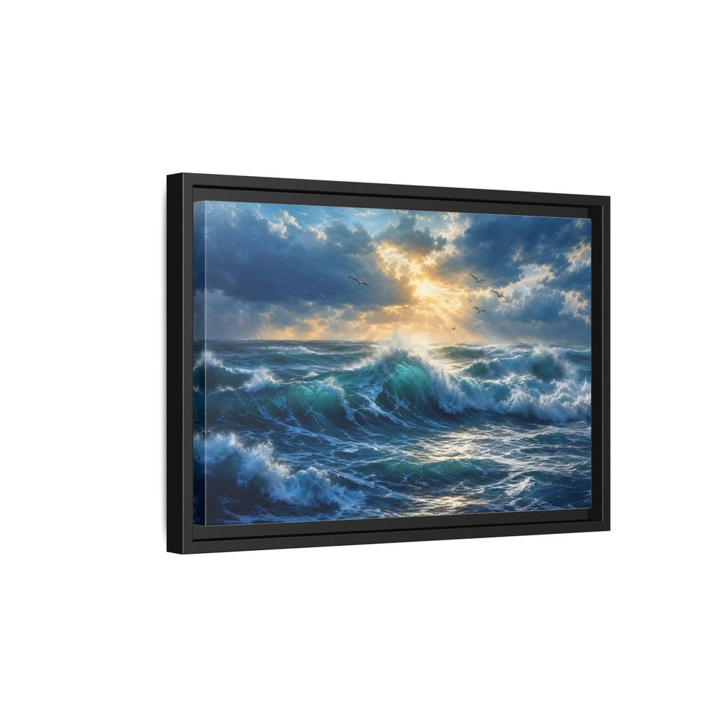 Side Mockup 6. Nature Ocean Waves Blue And Gold shown as stretched canvas wall art