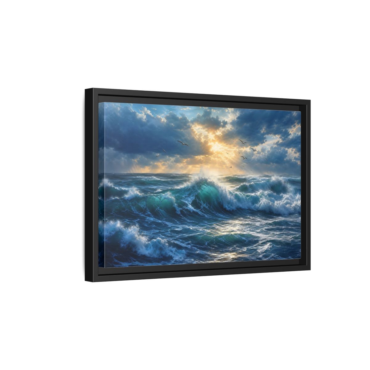 Side Mockup 6. Nature Ocean Waves Blue And Gold shown as stretched canvas wall art