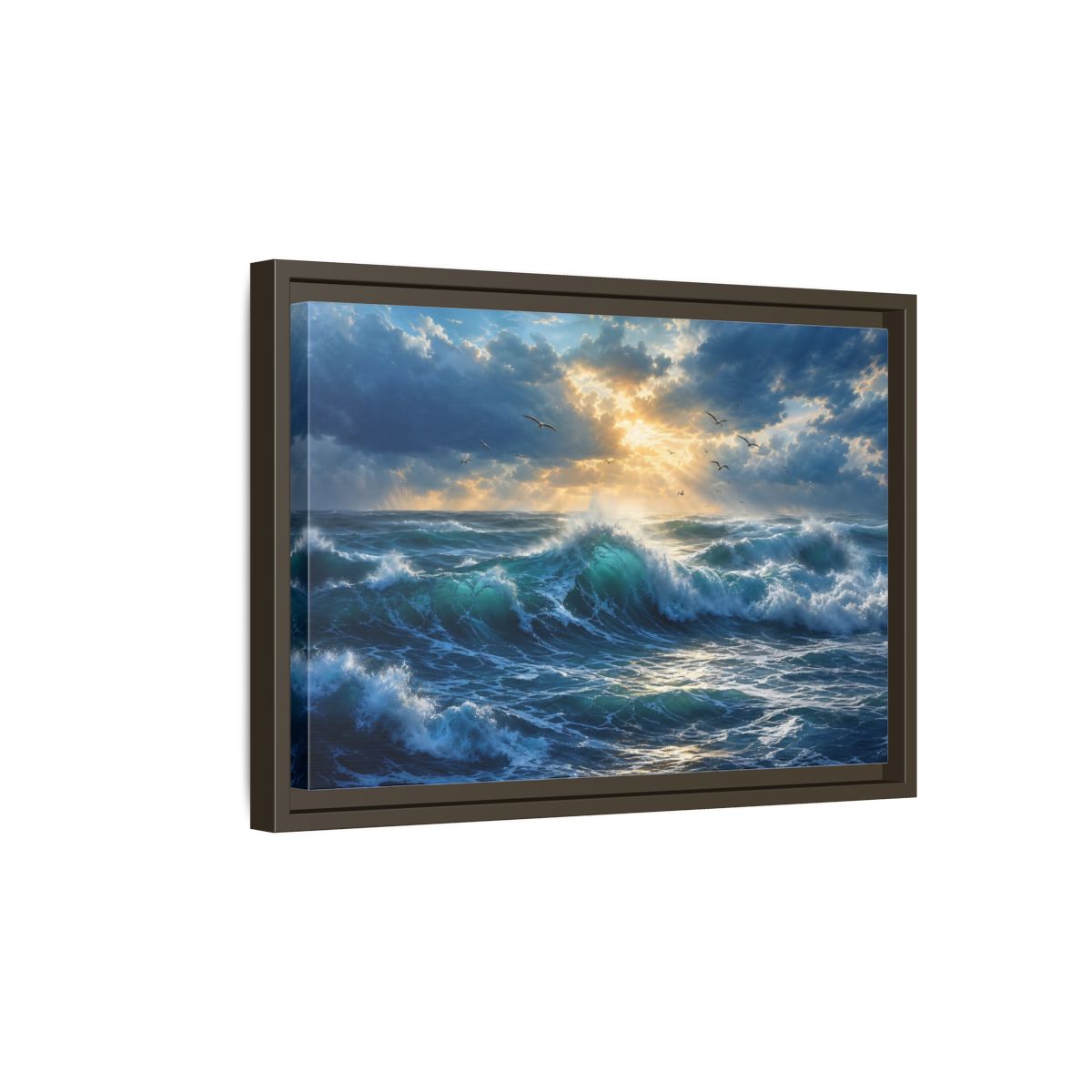 Side Mockup 5. Nature Ocean Waves Blue And Gold shown as stretched canvas wall art