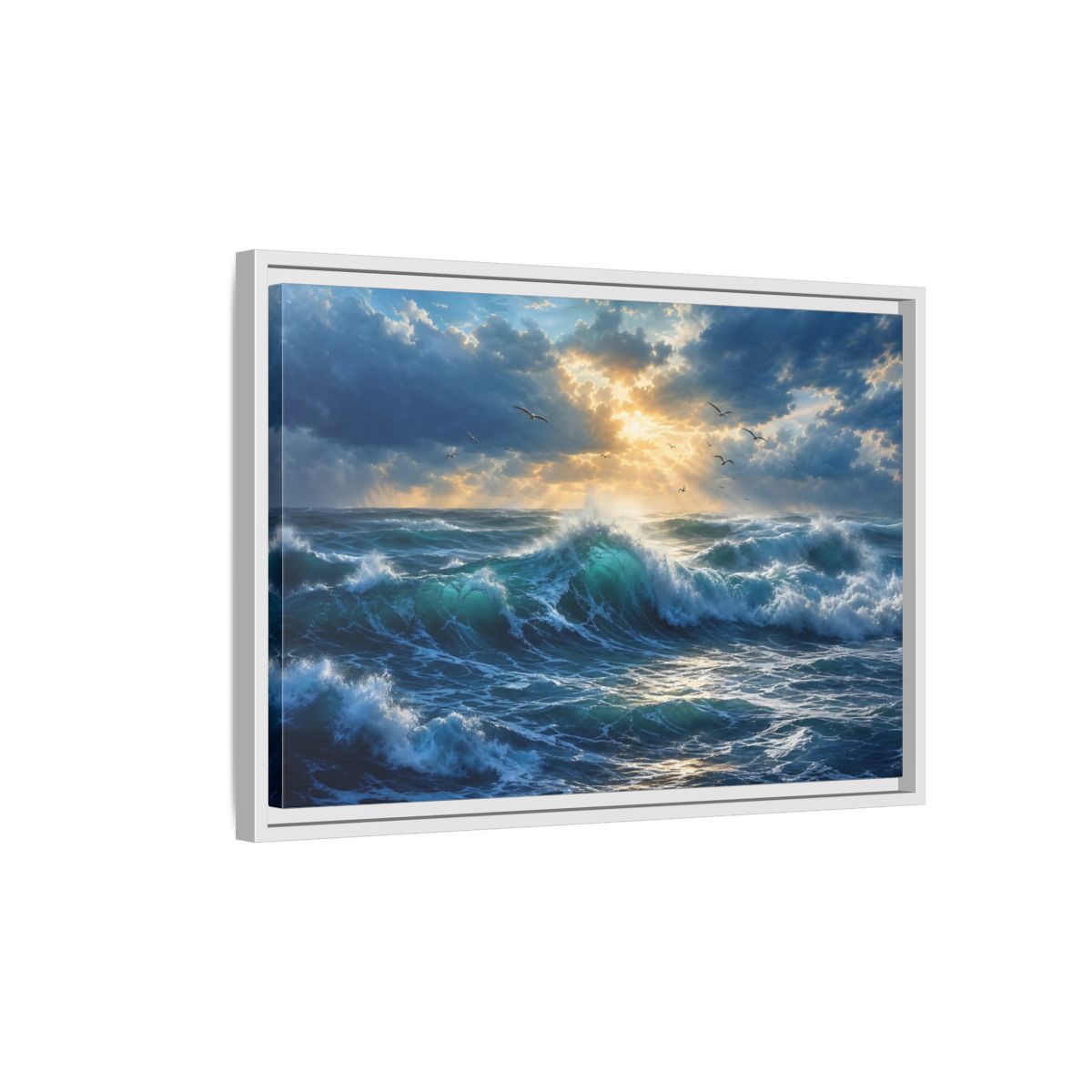 Side Mockup 1. Nature Ocean Waves Blue And Gold shown as stretched canvas wall art