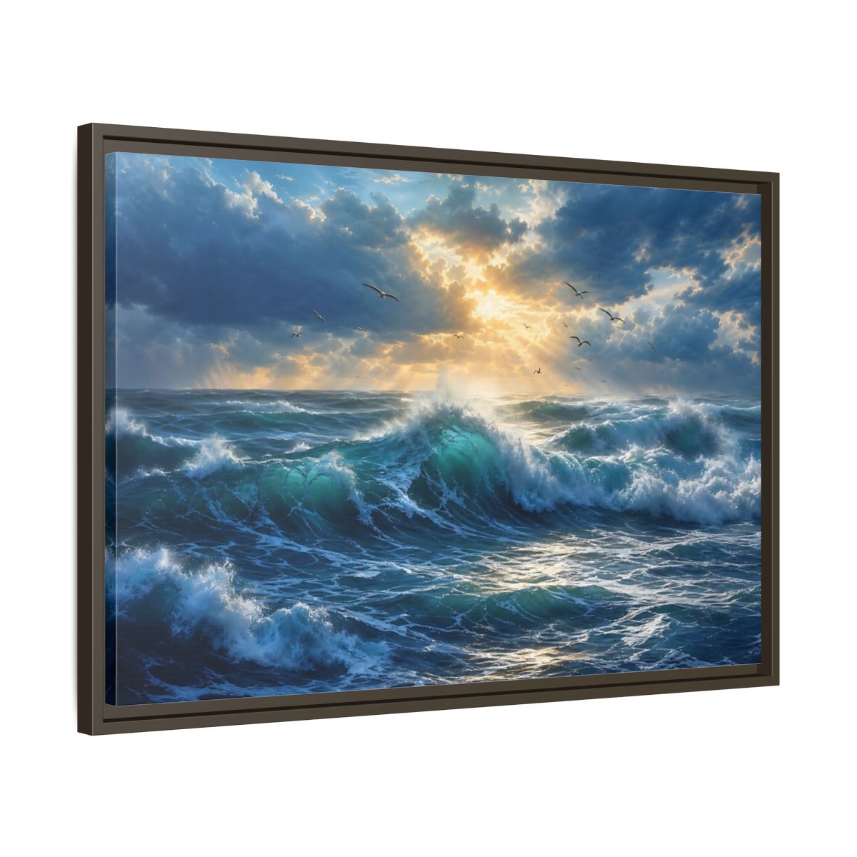 Side Mockup 11. Nature Ocean Waves Blue And Gold shown as stretched canvas wall art