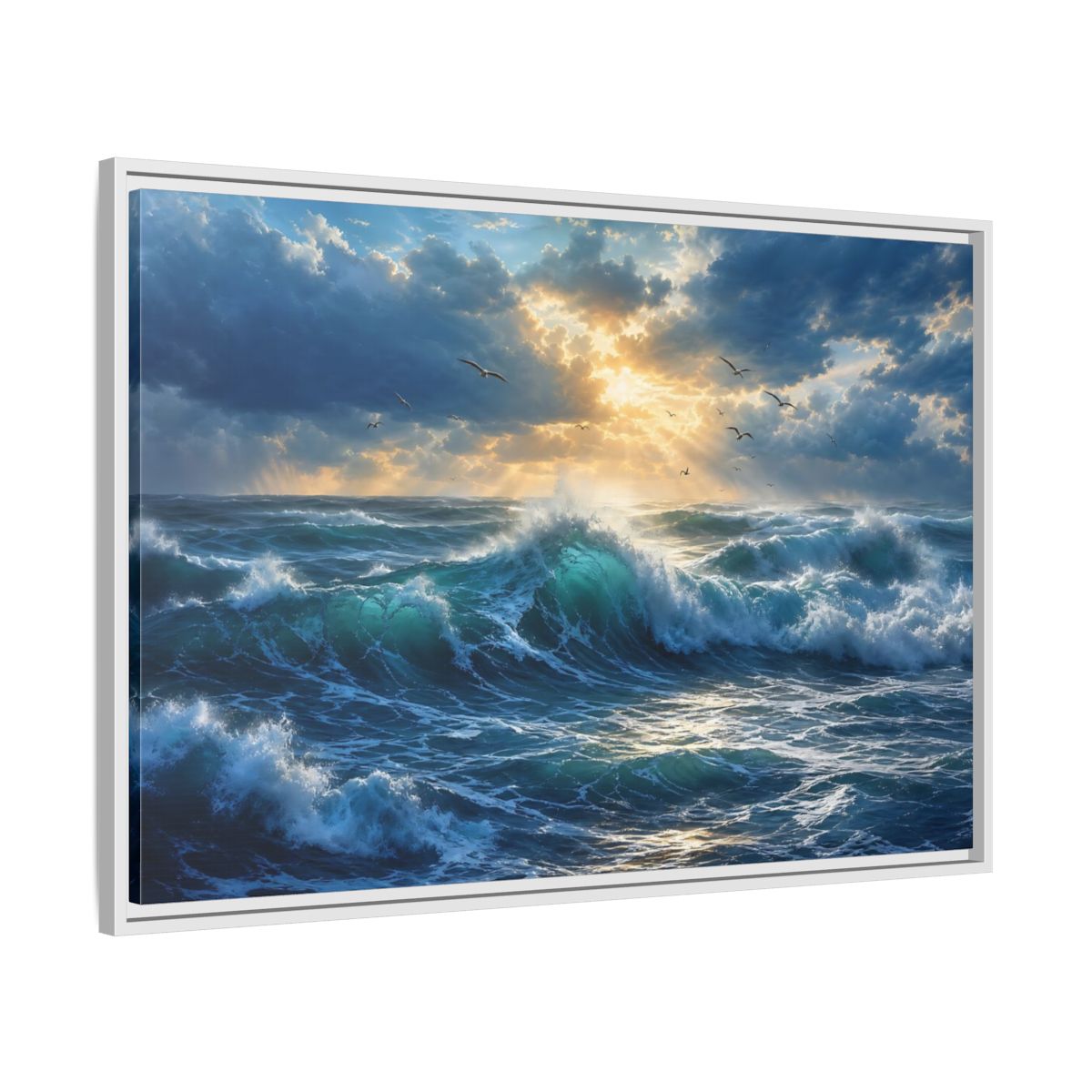 Side Mockup 9. Nature Ocean Waves Blue And Gold shown as stretched canvas wall art