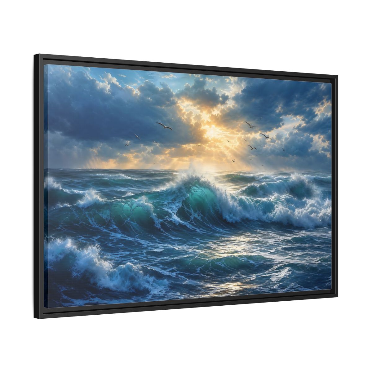 Side Mockup 13. Nature Ocean Waves Blue And Gold shown as stretched canvas wall art