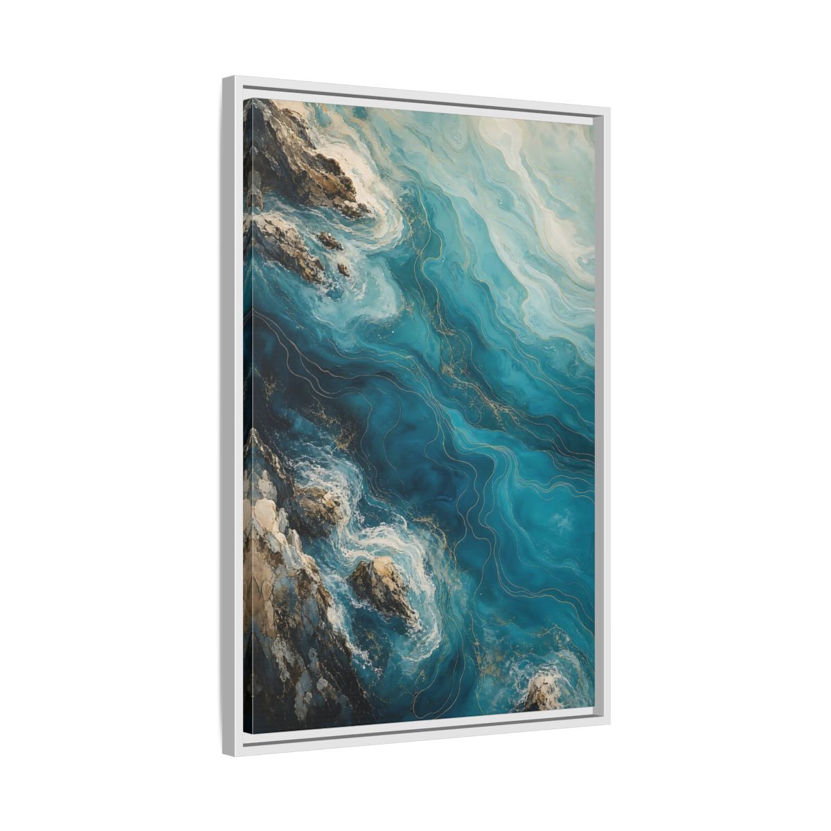 Side Mockup 10. Nature Ocean Waves Blue And Gold shown as stretched canvas wall art