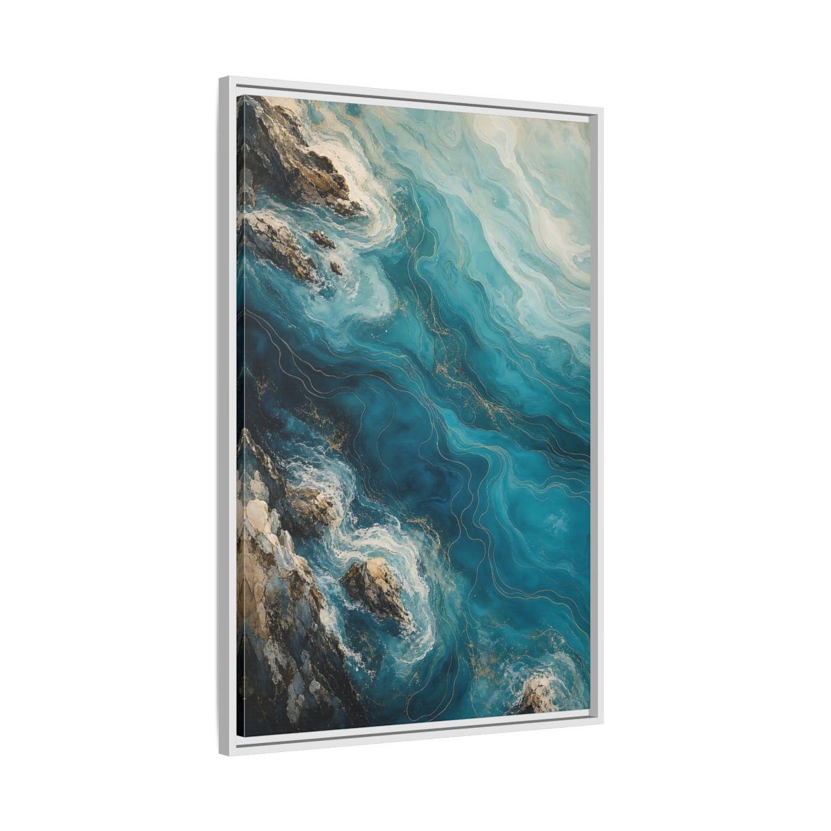 Side Mockup 9. Nature Ocean Waves Blue And Gold shown as stretched canvas wall art