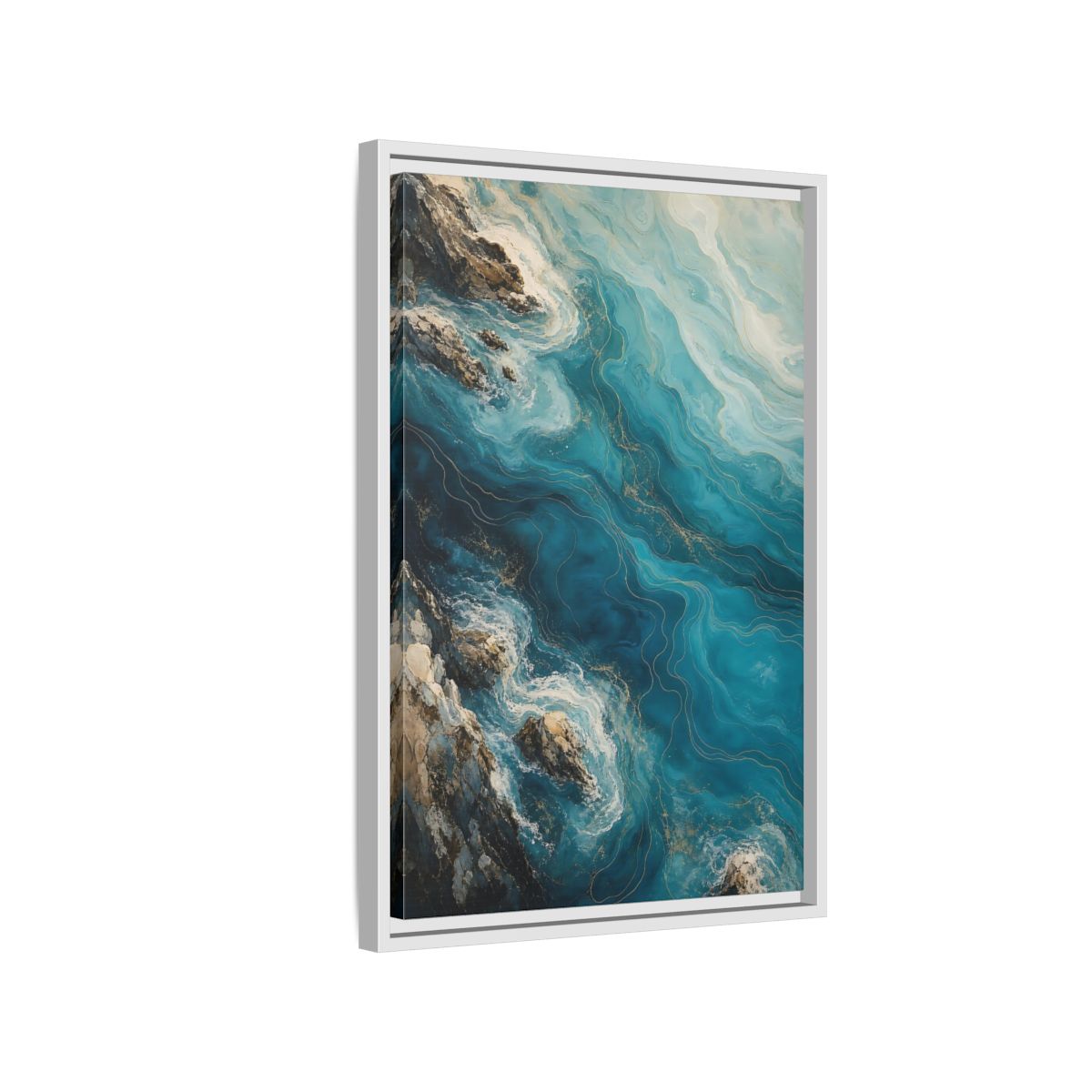 Side Mockup 1. Nature Ocean Waves Blue And Gold shown as stretched canvas wall art