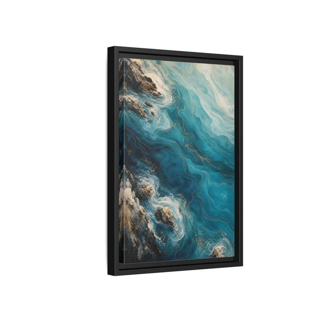 Side Mockup 6. Nature Ocean Waves Blue And Gold shown as stretched canvas wall art