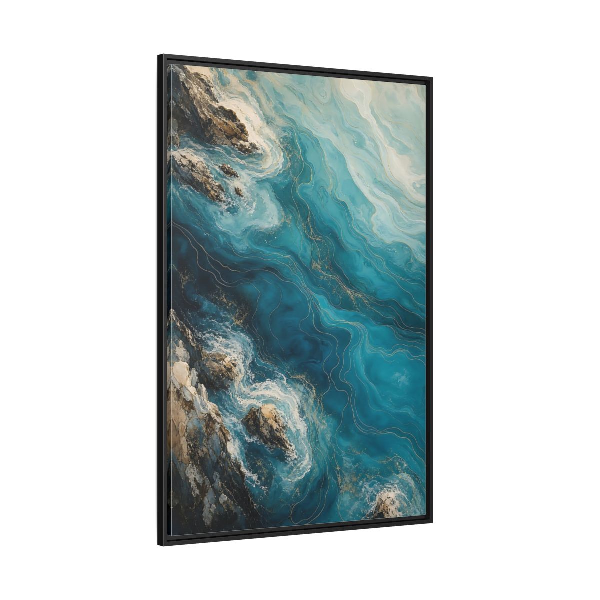 Side Mockup 12. Nature Ocean Waves Blue And Gold shown as stretched canvas wall art
