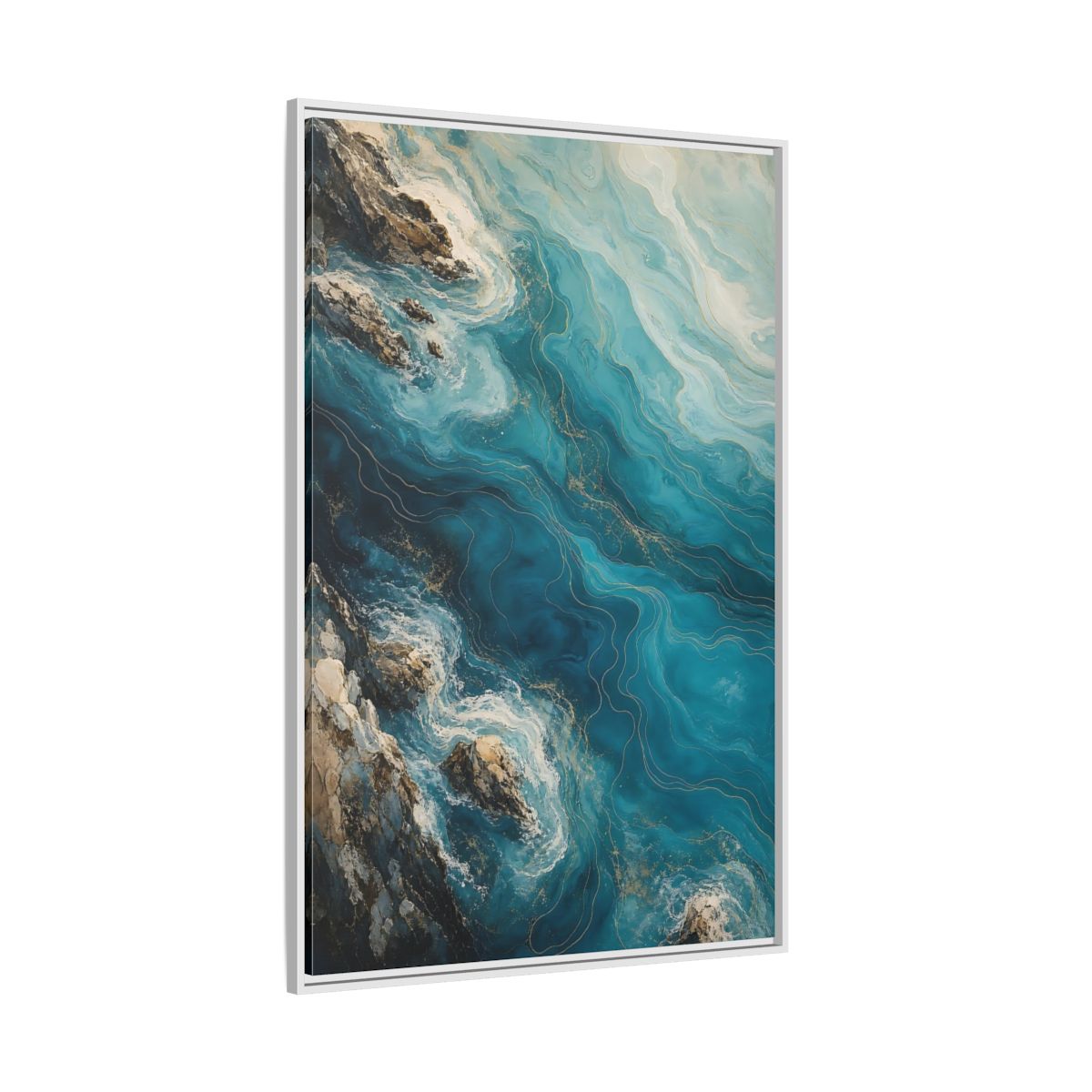 Side Mockup 7. Nature Ocean Waves Blue And Gold shown as stretched canvas wall art