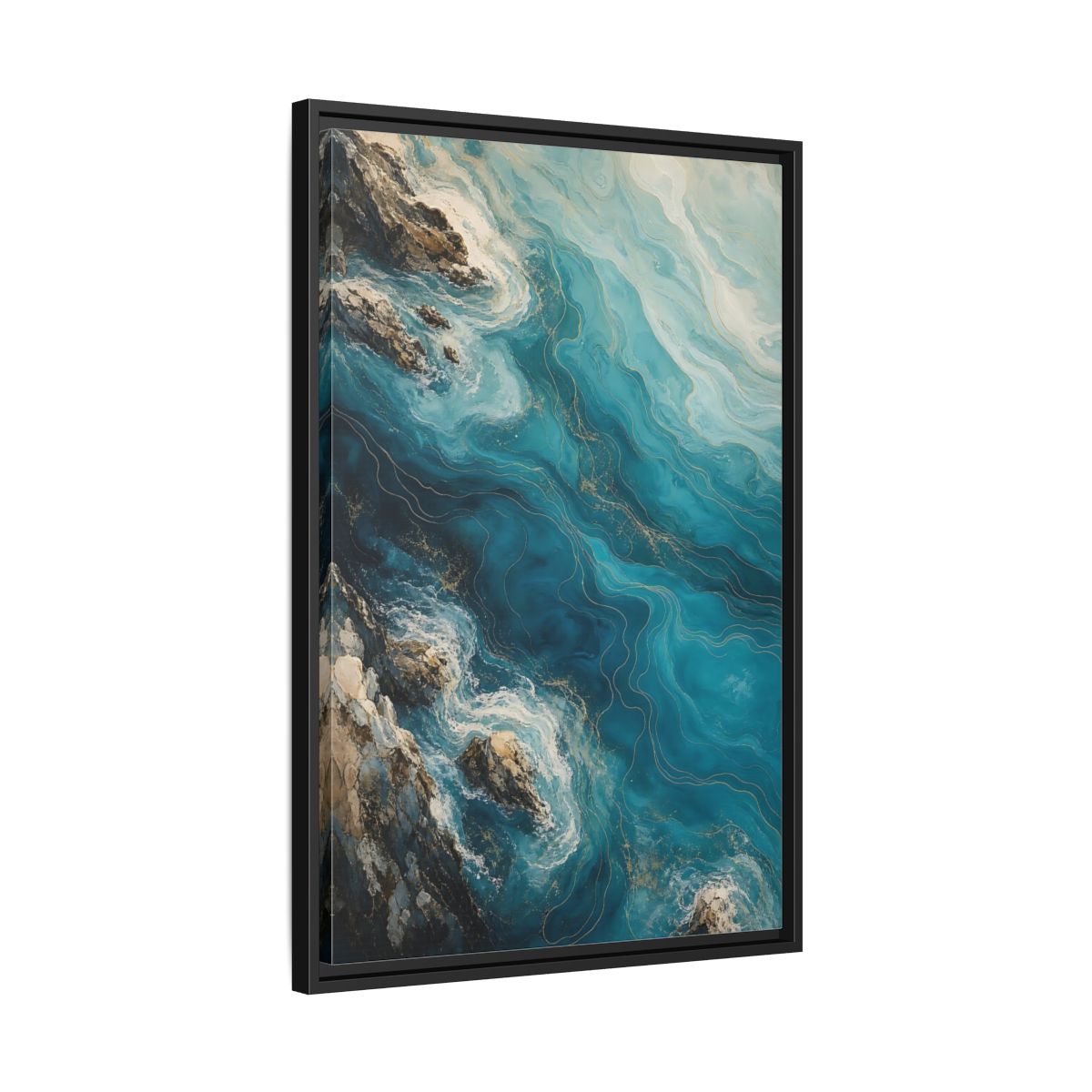 Side Mockup 14. Nature Ocean Waves Blue And Gold shown as stretched canvas wall art