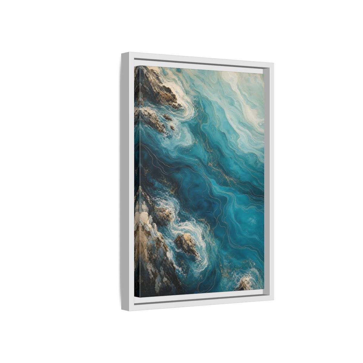 Side Mockup 4. Nature Ocean Waves Blue And Gold shown as stretched canvas wall art